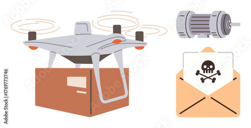 quadcopter flying with a box, email with a skull warning of a threat, and electric motor imagery. Ideal for risk, cybersecurity, e-commerce, innovation, automation delivery and technology. Simple