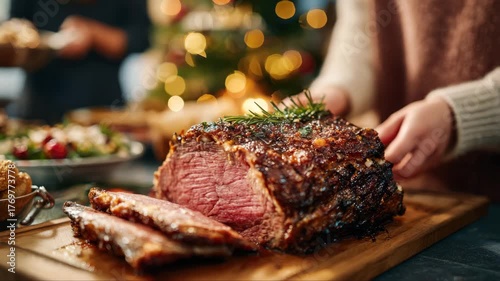 Succulent roast beef being sliced on a wooden cutting board, with festive decorations in the background, showcasing the culinary process, camera zooms in on the meat