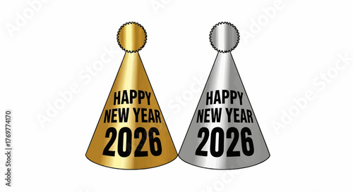 Two new year party hats in gold and silver with happy new year and year 2026 printed on them