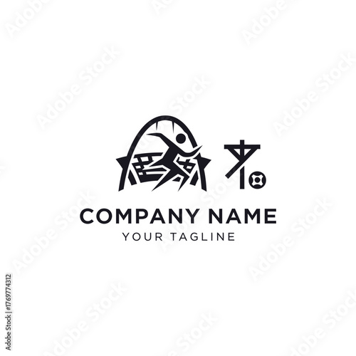 A dynamic black and white logo featuring a stylized figure jumping over abstract, jagged terrain under an arch, with a unique symbol to the right.