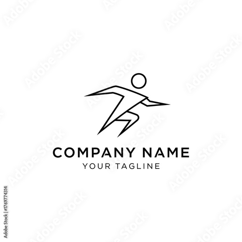 Minimalist line art logo of a running person, with company name and tagline below.