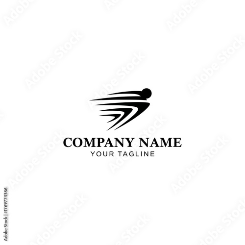 A modern, abstract black logo design featuring dynamic swoosh lines indicating speed and forward motion, with placeholder text for a company name and tagline.