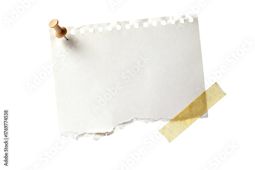 Empty blank white notepad paper with torn edge, thumbtack, tape, isolated on transparent background design