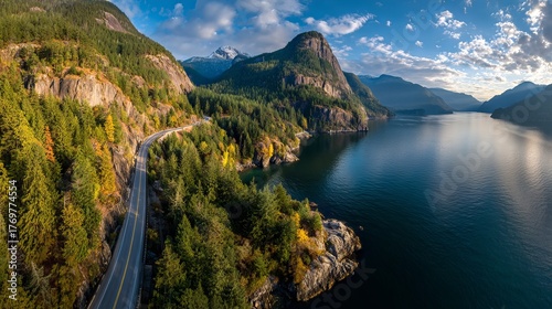 Sea to Sky Highway aerial view over Howe Sound Canada Sunrise panorama