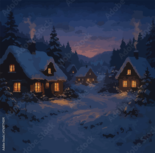 Cozy Winter Village at Night with Snow-Covered Cottages and Warm Lights