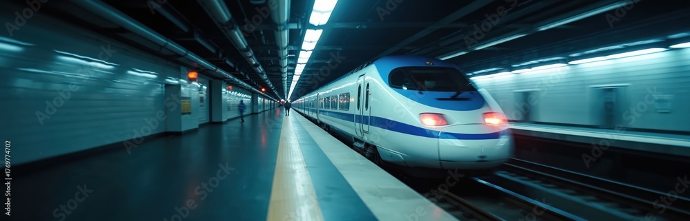 Fototapeta premium Fast subway train arrives at platform in underground tunnel at night. Passengers wait for transit, city transport moves quickly through dark urban route. Motion blur on walls and train.