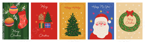 A set of five festive hand-drawn greeting cards featuring Christmas decorations, Santa Claus, and festive elements for the winter holidays and New Year.