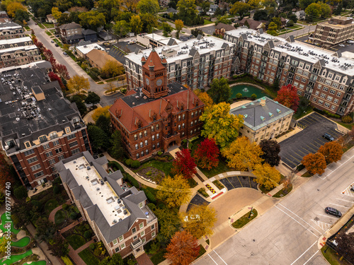 Drone photos Historic Old DuPage County Courthouse in Downtown Wheaton Illinois”