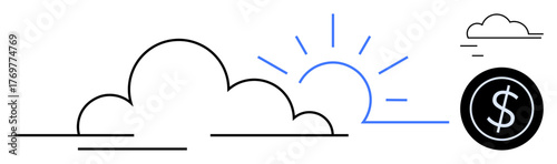 Sun rising behind clouds, clean circular dollar icon, minimal lines and simple technique. Ideal for finance, innovation, investment sustainability, economy prediction, positive risk taking market