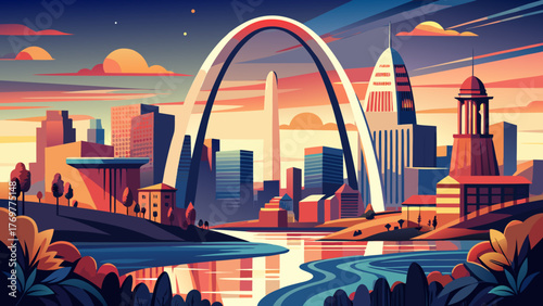 Very beautiful St. Louis vector travel poster in cinematic minimal landscape art style, showcasing the iconic Gateway Arch, skyline, and Mississippi River at sunset in a sleek artistic composition.