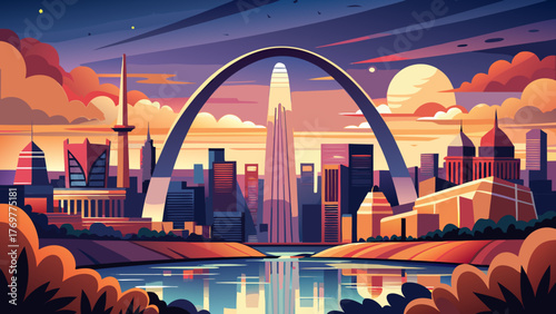 Very beautiful St. Louis vector travel poster in cinematic minimal landscape art style, showcasing the iconic Gateway Arch, skyline, and Mississippi River at sunset in a sleek artistic composition.