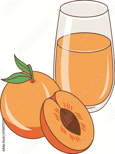 Refreshing peach juice with whole peach and half peach showing pit. Peach juice complements fresh whole fruit and adds vibrant color for beverage promotions. Conceptual peach juice for summer drinks.