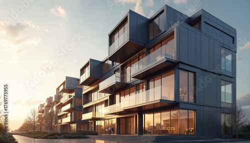 Modern modular building shows rectangular glass, metal design. Multistorey condo presents stylish living. Urban construction with geometrical pattern, aesthetic facade. Innovative architecture