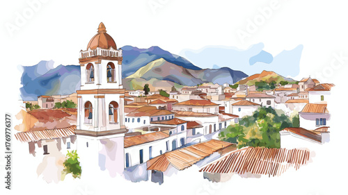Sucre Historic Center. Sucre Historic Center hand drawn watercolor illustration