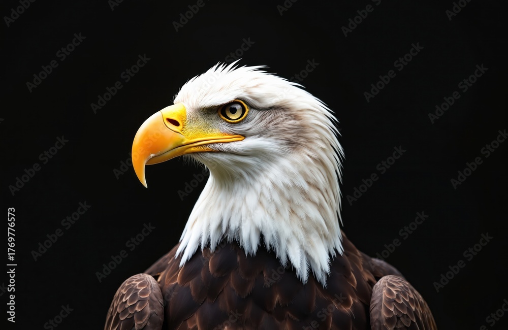 Fototapeta premium Close up portrait of powerful bald eagle against dark background. Majestic bird shows sharp yellow eyes, curved beak. Great symbol of strength, freedom for America. White head, brown body feathers