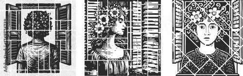 Artistic Linocut Print of Woman Standing by Window with Floral Hair – Abstract Black and White Engraving Design Reflecting Femininity, Nature, and Introspective Beauty