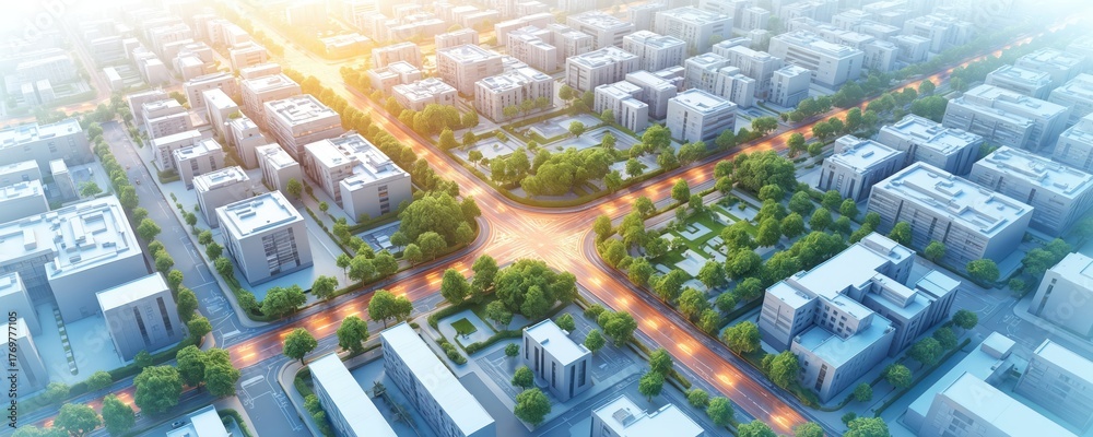 Fototapeta premium Aerial illustration city plan urban infrastructure, modern design. Residential buildings commercial areas, transportation networks displayed. Urban planning concept shows development, zoning.