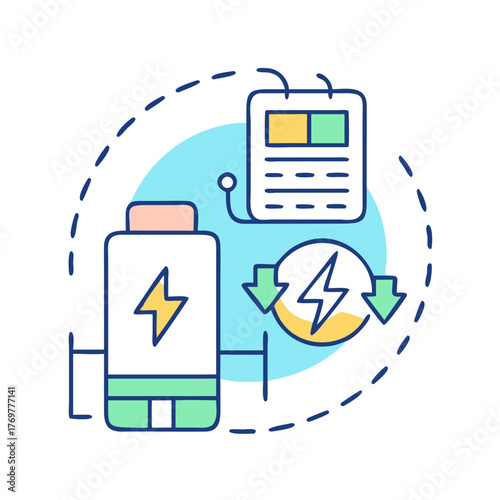Conceptual illustration of a battery powered by renewable energy sources with monitor