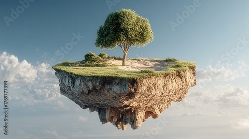 Solitary Green Tree and Grassy Field Rest on Floating Island Against Cloudy Blue Sky at Daytime