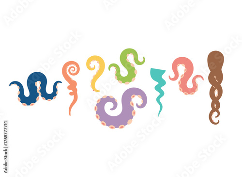 A collection of octopus tentacles with suckers, twisted long limbs of sea or ocean monsters, isolated arms of an aquatic Kraken on a white background, depicted as a colored flat vector illustration