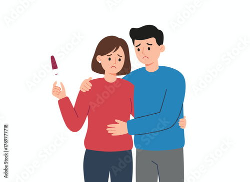 A sorrowful couple stands together, staring at a pregnancy test that shows a single line, illustrating their infertility and difficulty conceiving in a vibrant flat cartoon vector style