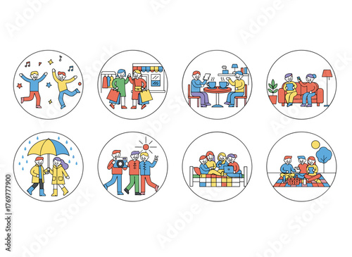 A group of young women or girlfriends spending time together—drinking tea at a café, walking with umbrellas, pillow‑fighting, shopping, and taking selfies