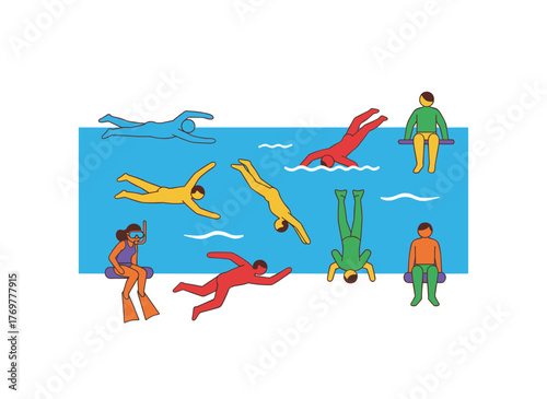 A vibrant flat cartoon vector illustration depicting a group of men and women in swimsuits engaging in water activities in a swimming pool
