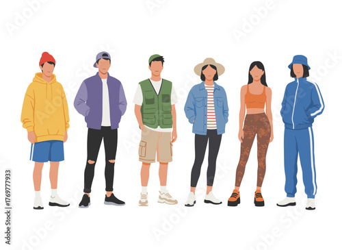 A colored flat graphic vector illustration depicts a group of fashionable men in modern trendy outfits and young people in stylish casual summer clothes, all isolated on a white background
