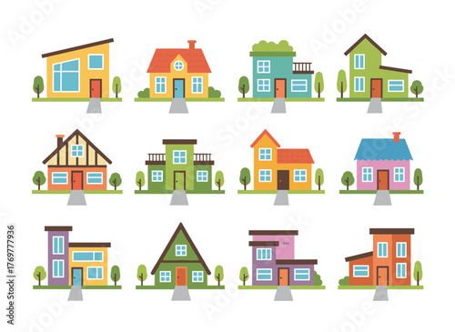 A collection of residential houses in various styles, depicted as a colorful flat vector illustration featuring villas, cottages, and mansions