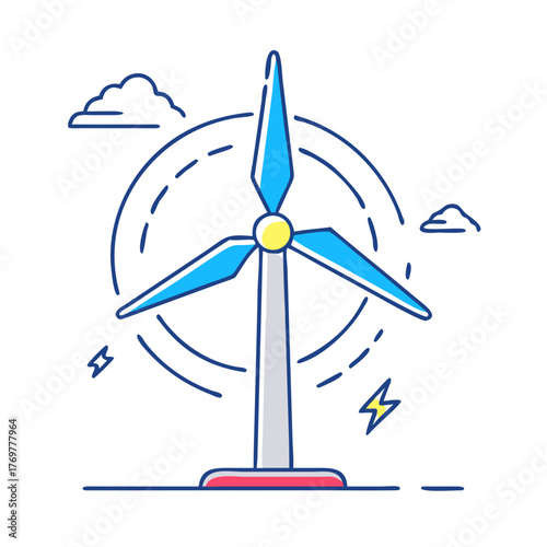 Cartoon Wind Turbine Generating Clean Energy with Clouds and Lightning Bolts