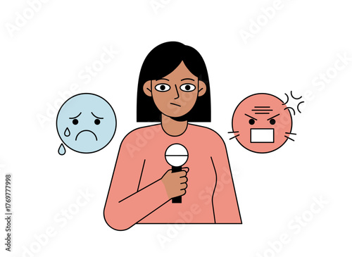 A woman lowers her head, covering her face with masks that display a range of emotions, illustrating the idea of altering one’s natural personality to meet social expectations and pressures, rendered