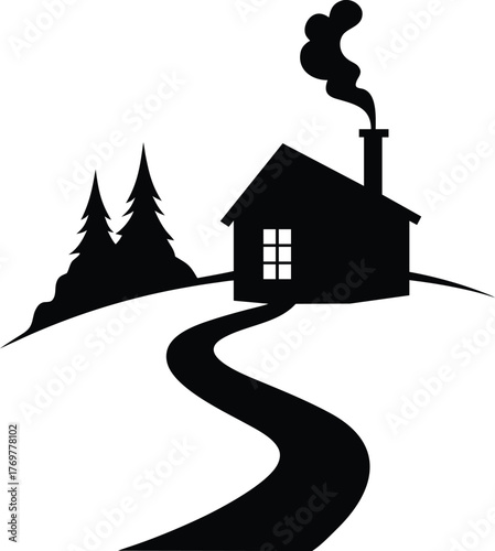 Winter cabin with smoking chimney and winding road silhouette isolated on white background isolated on transparent background