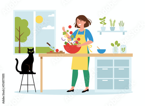 A cheerful woman prepares a vegetarian salad in a kitchen, illustrated in flat vector style, smiling as she mixes vegetables in a bowl against a white background, making a healthy lunch at home