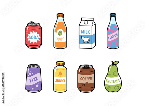 A collection of chilled beverages including soda water, sweet fizzy drinks, fruit cocktails, juices, and lemonades packaged in glass and plastic bottles, aluminum cans, and tins, depicted as flat