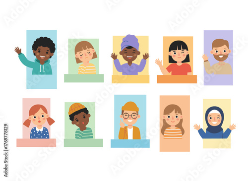 A flat vector illustration set featuring cheerful, curious, and happy men and women peeping, staring, and smiling, with a bundle of male and female portraits and an adorable collection of guys and