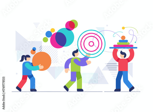 A group of men and women arranging abstract geometric shapes—circles, squares, triangles—in a modern flat cartoon vector illustration, emphasizing organization and arrangement