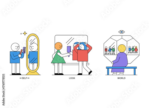 A flat vector illustration set depicting self‑perception and self‑esteem, featuring cartoon characters dreaming about the future near mirrors, exploring narcissism, positive affirmations, and