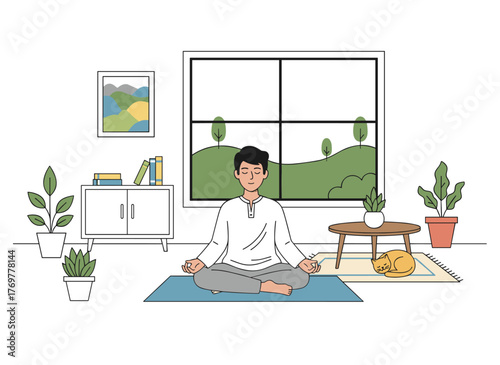 A cute young man sits cross‑legged in his apartment, practicing yoga with closed eyes in a colorful flat cartoon vector illustration