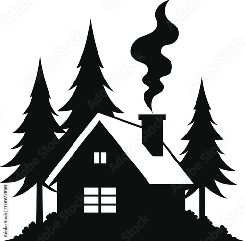 Cabin in the woods silhouette with smoke from chimney isolated on white background isolated on transparent background