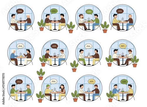 A flat vector illustration of people seated at tables in a café or restaurant, featuring a man, a woman, and a couple chatting, eating, drinking, and working, all isolated in a cafeteria setting