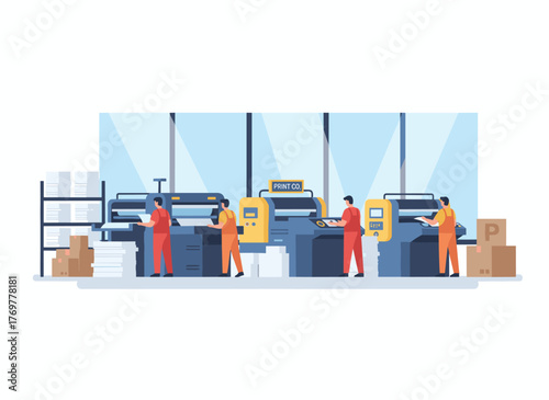 Printing industry: the production workflow in a print shop, featuring a modern printshop firm equipped with machinery, staff in the prepress office operating paper machines and printers, illustrated