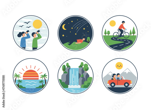 People explore nature, gazing at horizons, clouds, and stars; enjoy outdoor summer adventures amid peaceful sunset, sunrise, and night landscapes, embodying harmony and freedom, depicted in flat