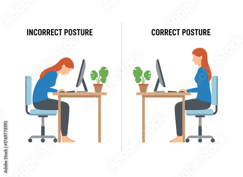 Illustration of proper versus improper sitting posture at a computer desk, depicting correct and incorrect back and neck positions for a woman at work, presented as a flat vector graphic on a white
