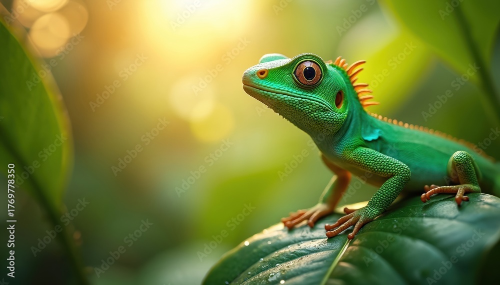 Fototapeta premium Bright green lizard sits on wet leaf in sunlit jungle. Reptile textured skin, orange crest visible. Tiny creature in rich green habitat, wild nature setting.