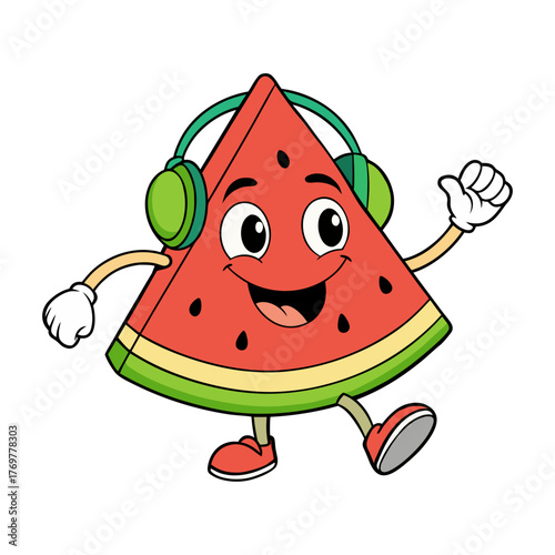happy watermelon dancing with headphones on