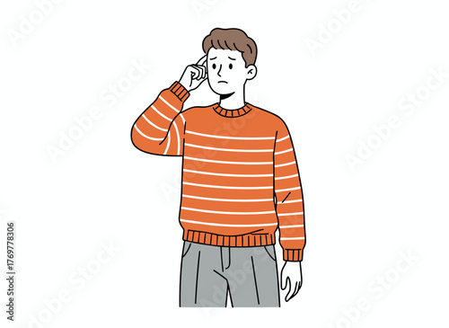 A thoughtful, perplexed man scratches his head with his finger while searching for solutions, his worried expression reflecting deep pondering and doubt, depicted as a flat vector illustration set