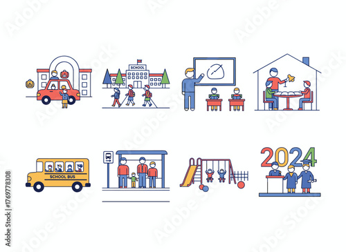 Vector illustrations for back‑to‑school: preparing for the day of learning, buying supplies, first graders gathering, featuring students, teachers, parents, children, and a bus driver cartoon