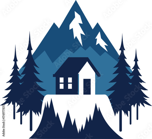 Cozy cabin nestled in snowy mountains with pine trees silhouette isolated on white background isolated on transparent background
