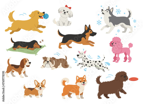 A collection of playful dog illustrations in flat vector style, featuring various friendly puppy breeds on a white background, showcasing cute, cheerful, and joyful domestic pets