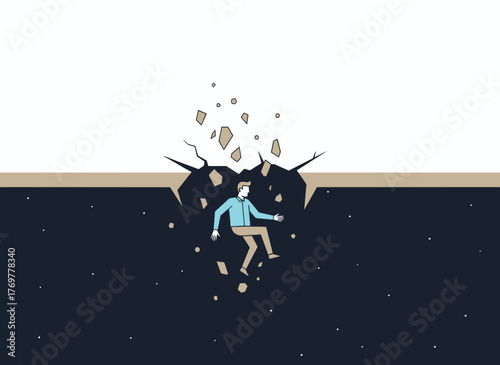 An office worker, businessman, or employee scaling a cliff only to tumble down, symbolizing a professional disaster and career collapse, yet triumphing over life's hurdles in a sleek modern flat